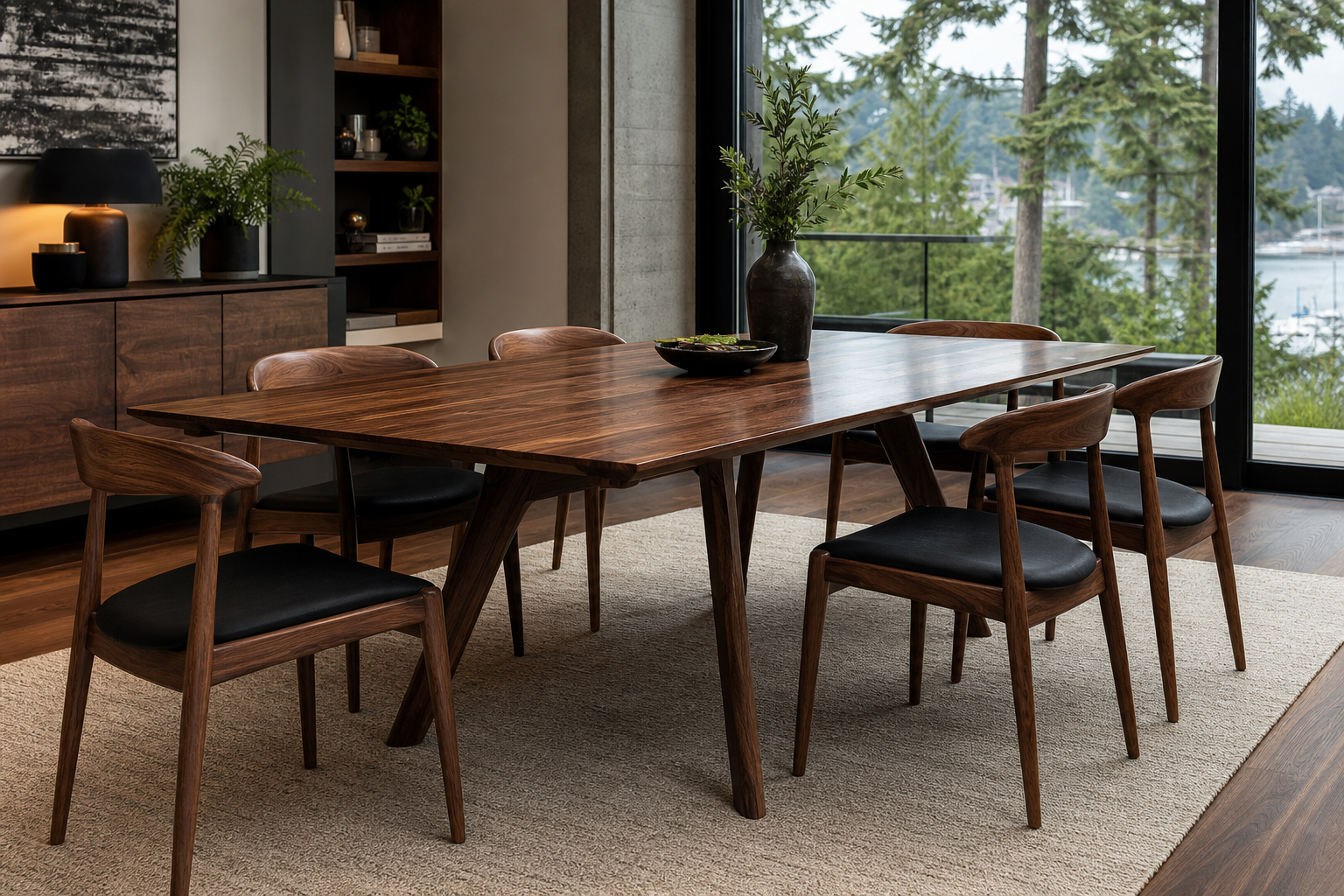 Solid walnut dining table, six-seat, hand-rubbed oil finish, in a Lower Lonsdale dining room