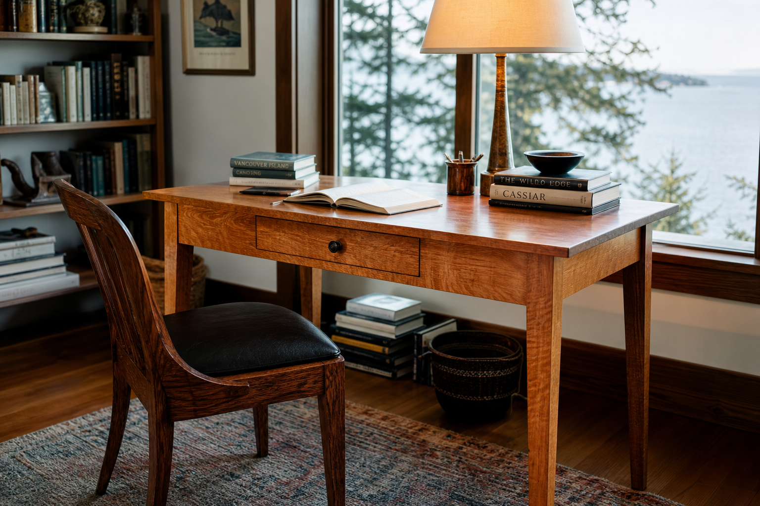 Big-leaf maple writing desk with single drawer