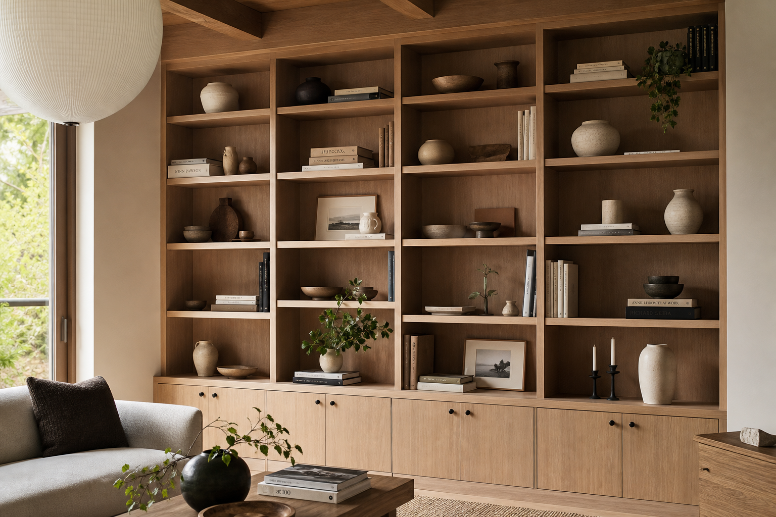 Built-in oak bookcase, floor-to-ceiling, four bays