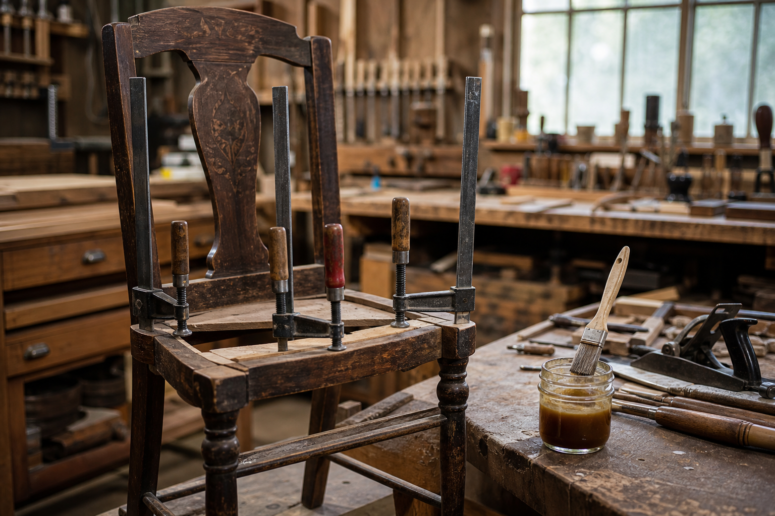 A walnut bentwood rocker on the workshop bench mid-restoration — one stretcher off, glue clamps drying, hand plane and a tin of hide glue beside the chair
