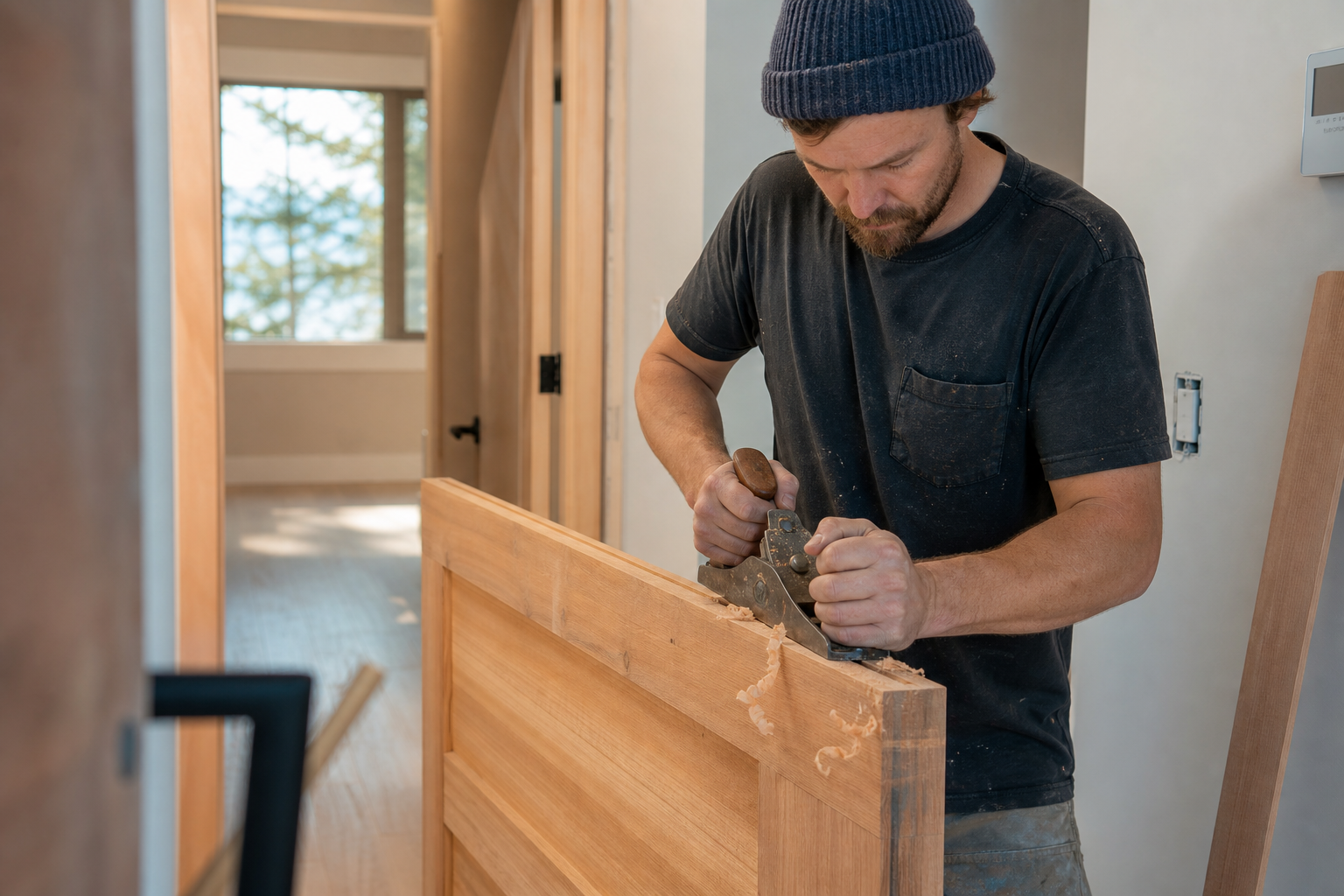 A hand plane and a stud finder on a North Vancouver hallway floor next to a solid-oak floating shelf about to be installed against a sloped wall