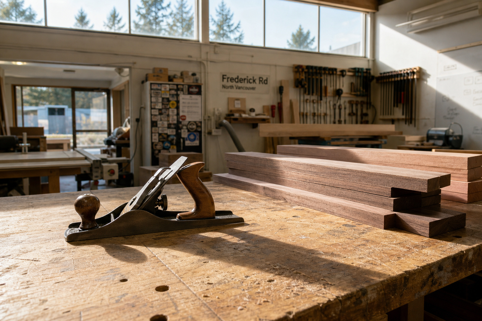 Lower Lonsdale workshop interior — stickered Douglas-fir lumber stack along the back wall, plywood workbench under a clerestory window, hand planes on a wall rack